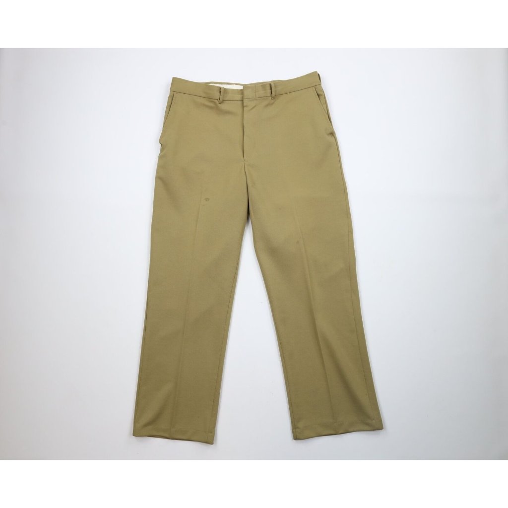Vtg 70s Streetwear Mens 34x30 Knit Wide Leg Bell Bottoms Chino Pants Gold Usa